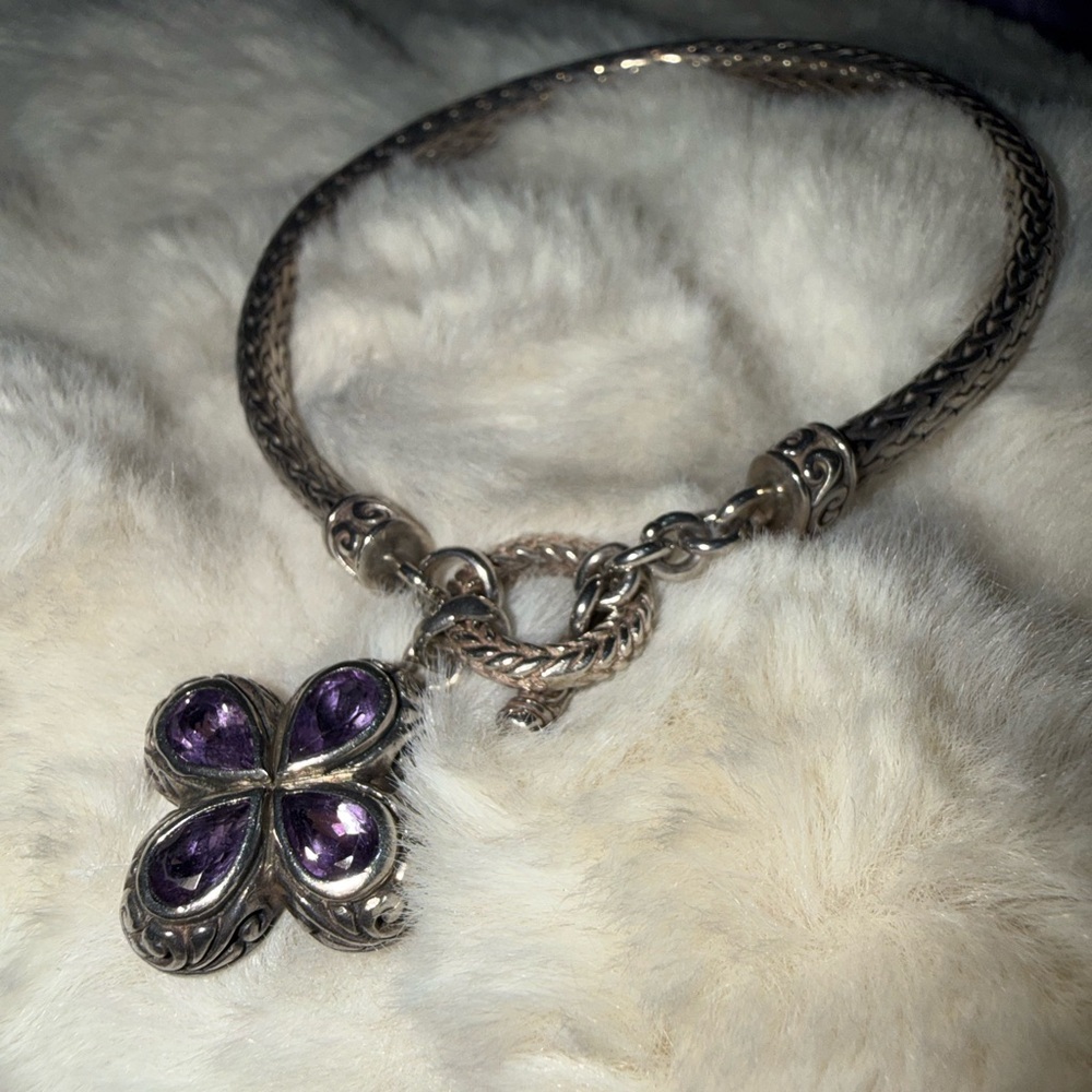 “Vintage” 925 Sterling Amethyst Stone Cross Floral Bracelet Toggle Clasp